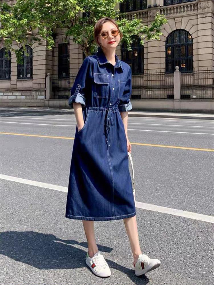 ĐẦM JEAN DENIM XÒE CỔ SƠ MI EO RÚT - N25